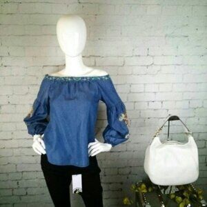Banjara Off The Shoulder Chambray Top Blue Size XS